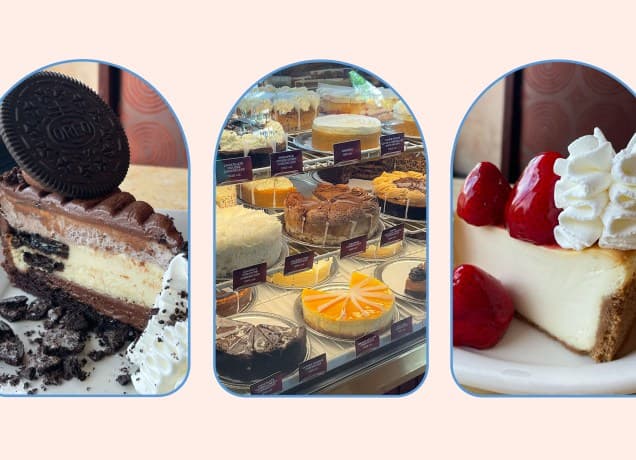 cheesecake factory cheesecakes: oreo cheesecake, cheesecake factory pastry case and fresh strawberry cheesecake