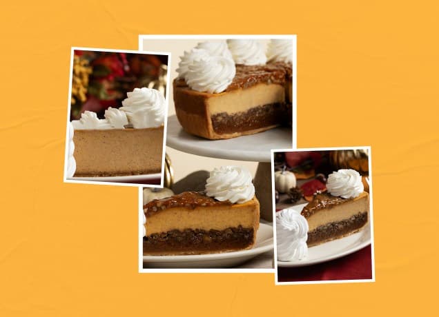 cheesecake factory fall cheesecakes: pumpkin cheesecake and pumpkin pecan cheesecake from the cheesecake factory, side by side