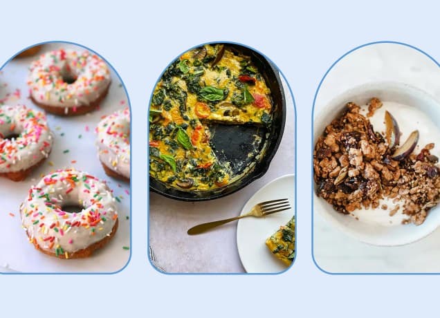 cold breakfast recipes: biscuit doughnuts, leftovers frittata and cranberry granola, side by side