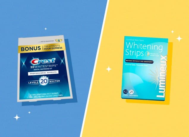 a side by side photo of crest 3d whitestrips and lumineux teeth whitening strips