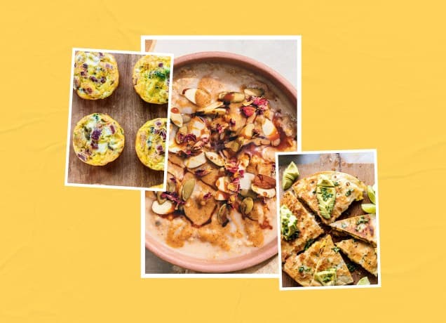 healthy breakfast ideas for kids: egg muffins, chai oatmeal and breakfast quesadilla on yellow background