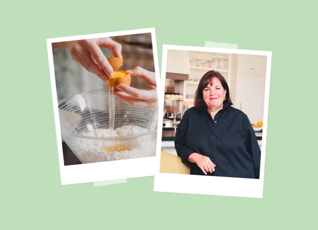 ina garten baking rule: collage of ina garten and someone cracking an egg