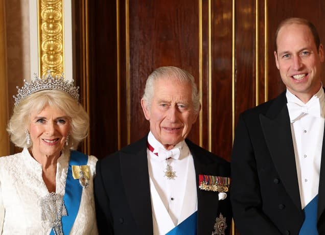 king charles prince william and queen camilla posing