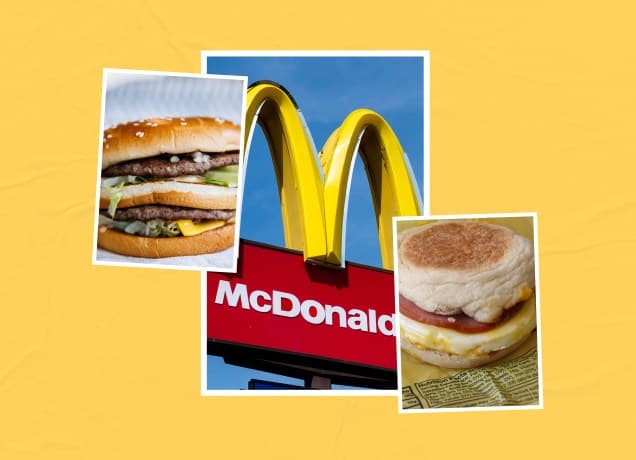 mcdonald's secret menu: mcdonald's big mac, mcdonald's restaurant sign and mcdonald's egg mcmuffin, side by side