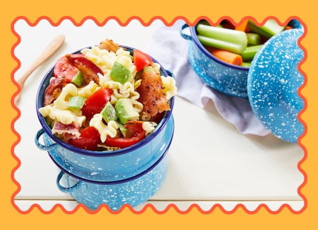 month of back to school lunches for kids: BLT pasta in a blue tiffin container