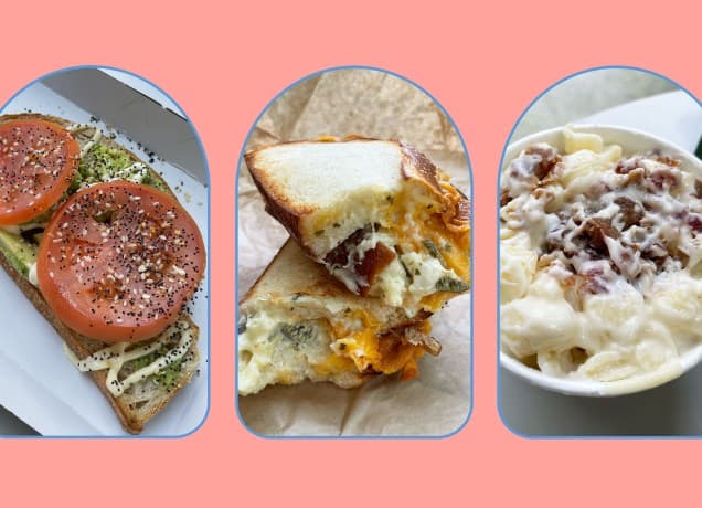 panera bread new menu items ranked: garden avocado toast, kickin grilled cheese and bacon mac and cheese from panera bread, side by side