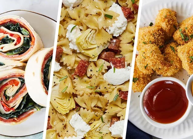 school lunch ideas: italian deli pinwheels, salami ricotta pasta salad, chicken quinoa nuggets