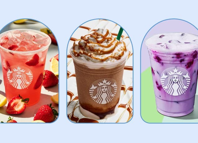 starbucks secret menu drinks: three starbucks drinks, side by side on a blue background