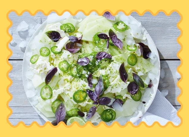 summer salad recipes: honeydew, feta, jalapeño and lime salad with yellow border