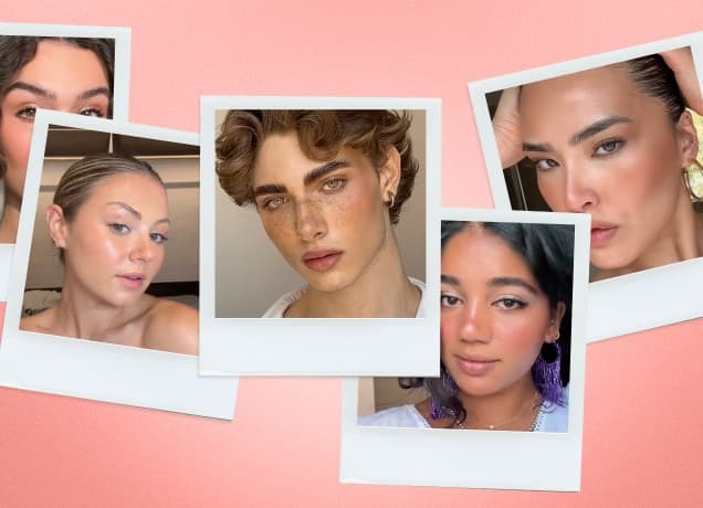 sunburnt-blush-tiktok-trend: A collage photograph of various influencers of different genders and skintones trying out the sunburn blush trend.