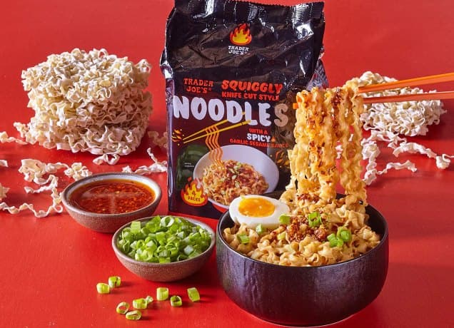 what's new at trader joe's august 2024: squiggly spicy hand-cut noodles