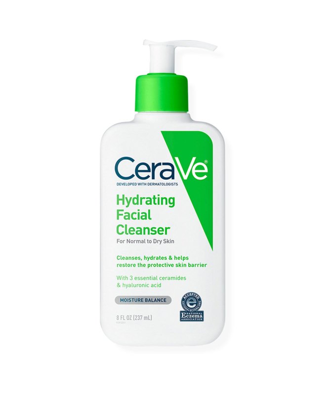 10 Products for Sensitive Skin - A white bottle of CeraVe cleanser with white, black and green accents. It's got a pump top and the product is also featured on a white background.