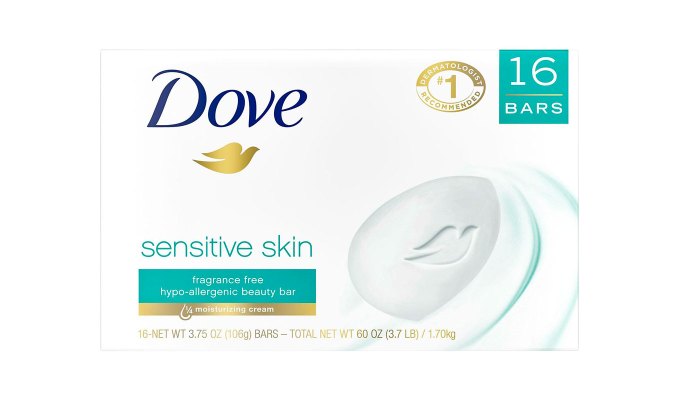 10 Products for Sensitive Skin - A white rectangular package with a photo of a Dove beauty bar, the Dove label, and some information written in gold and teal. This product is featured on a white background.