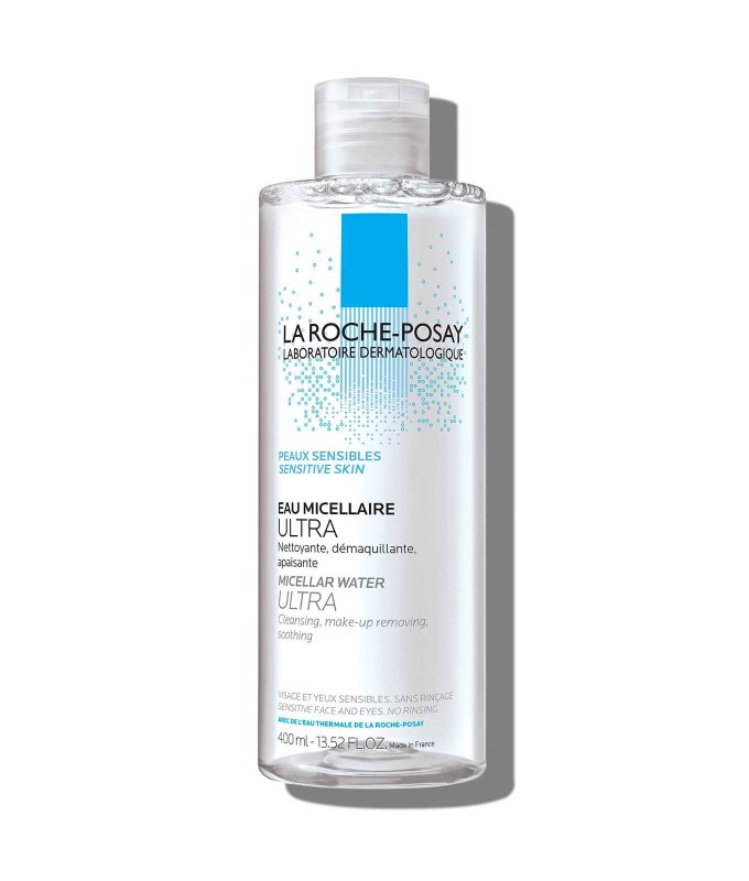 10 Products for Sensitive Skin - A clear cylindrical bottle of La Roche-Posay micellar water. It has blue and black text on the packaging. It's featured on a white background.