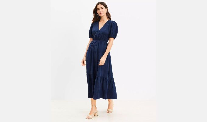 LOFT Balloon Sleeve Flounce Midi Dress