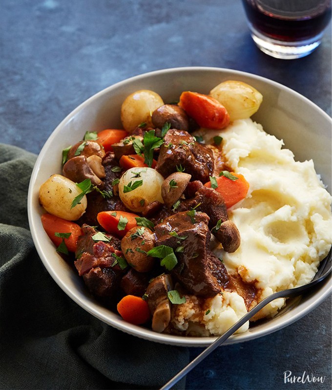 best-fall-activities: slow cooked beef bourguignon with mashed potatoes.