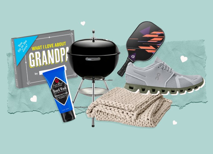 best gifts for grandpa: collage of various gifts, such as a blanket, sneakers, a grill and more