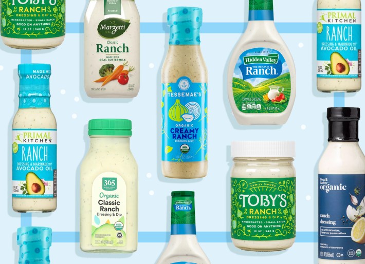 best store-bought ranch dressing: various brands of ranch dressing on a blue background