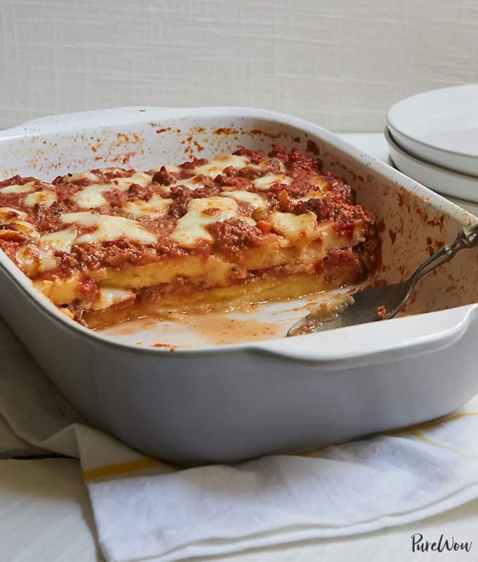 big batch dishes for a crowd: half-empty casserole dish of polenta ragu