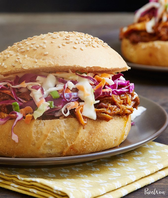 big batch dishes for a crowd: close-up of pulled pork sandwich with coleslaw