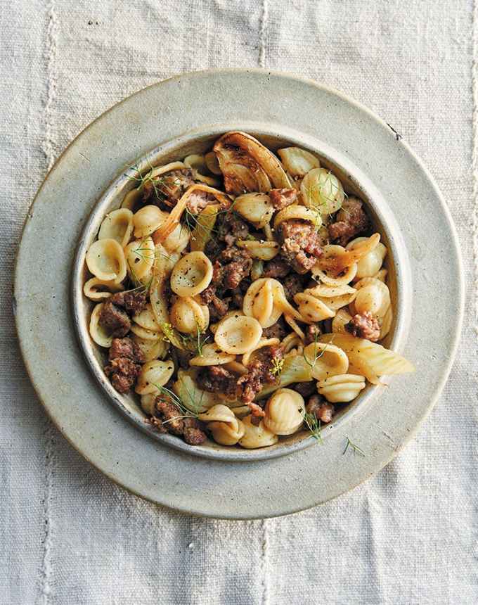 best big-batch recipes: sausage and fennel pasta on a plate