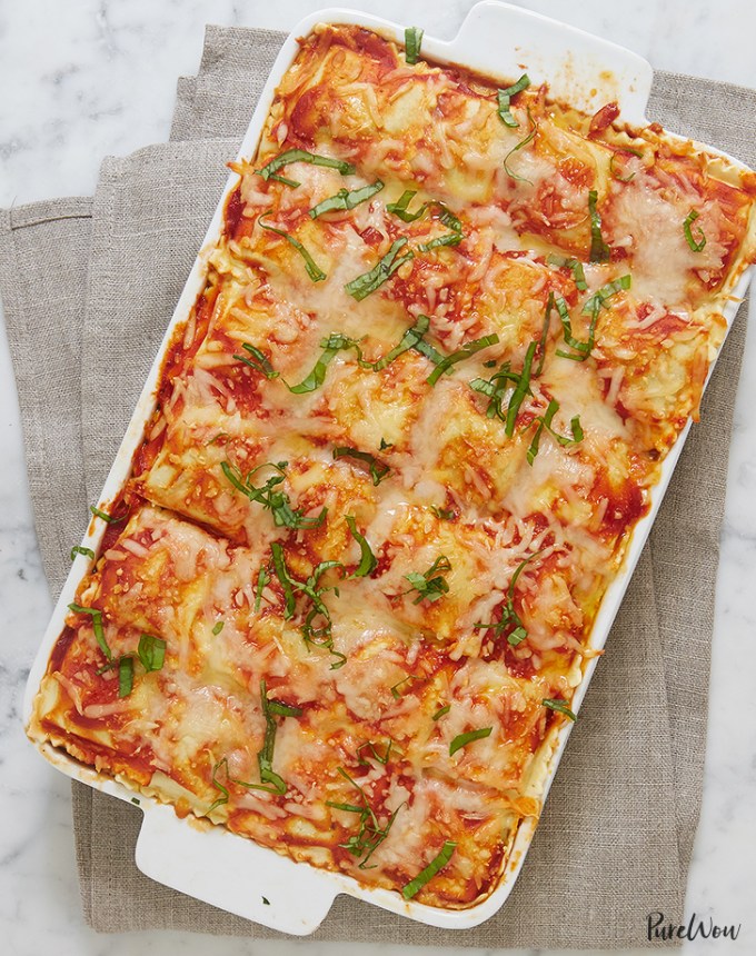 best big-batch recipes: ravioli lasagna in a baking dish on a linen