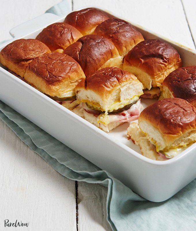 best big-batch recipes: casserole dish of cuban sliders with one spot empty