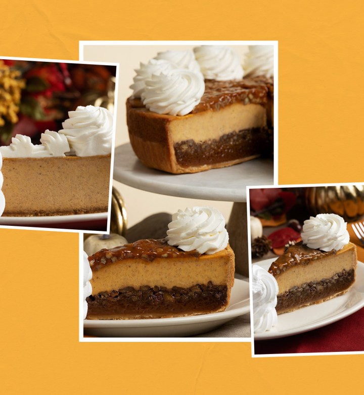 cheesecake factory fall cheesecakes: pumpkin cheesecake and pumpkin pecan cheesecake from the cheesecake factory, side by side