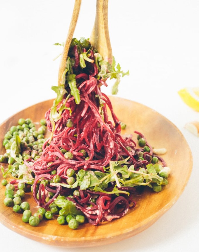 cold dinner recipes: beet noodle pea and arugula salad with lemon-garlic tahini sauce