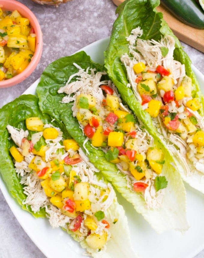 cold dinner recipes: pineapple mango salsa chicken lettuce wraps