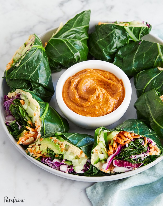 cold dinner recipes: rainbow collard wraps with peanut butter dipping sauce