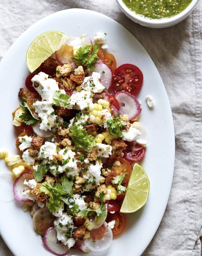 cold dinner recipes: summer corn heirloom salad with spicy breadcrumbs