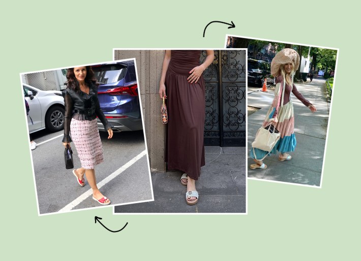 dr-scholls-think-iconic-sandals-review side-by-side images of kristen davis, sarah jessica parker and editor stephanie meraz in Dr. Scholl’s Think Iconic sandals