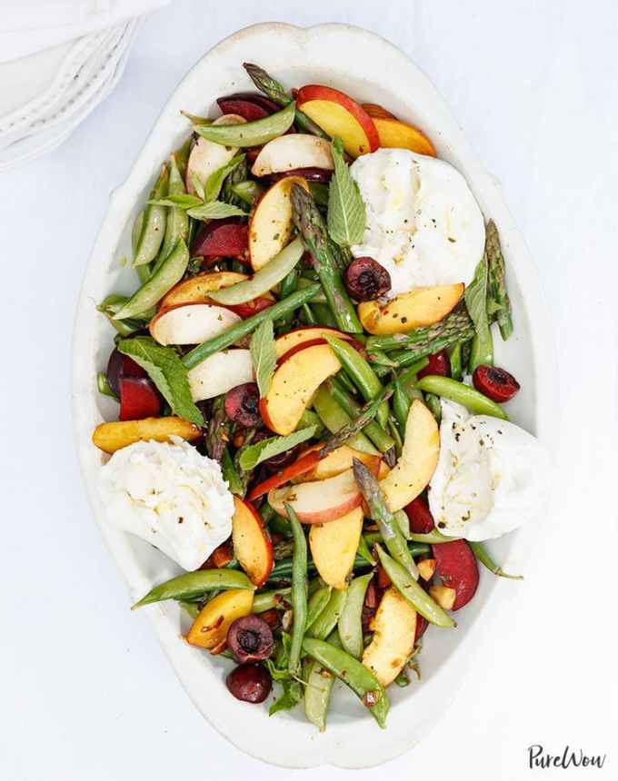 easy dinner recipes: burrata salad with stone fruit and asparagus