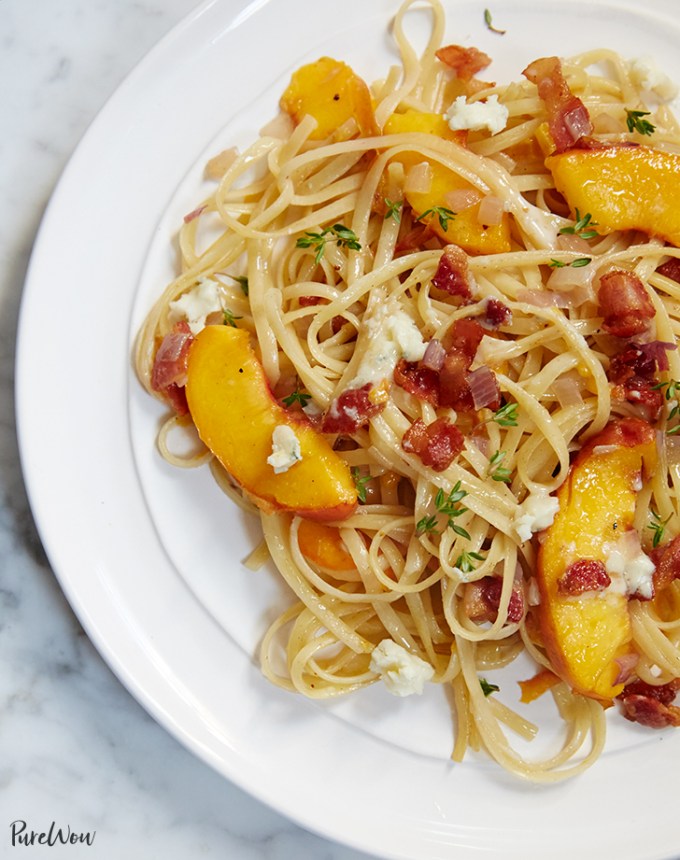 easy dinner recipes: linguine with peaches, bacon and gorgonzola