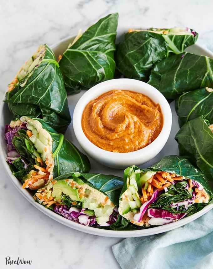 easy dinner recipes: rainbow collard wraps with peanut butter dipping sauce