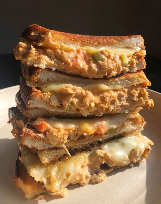 easy lunch ideas: stack of buffalo tuna melts on a plate