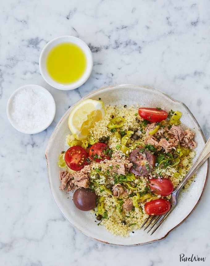 easy lunch ideas: plate of 15-minute mediterranean couscous with tuna and pepperoncini