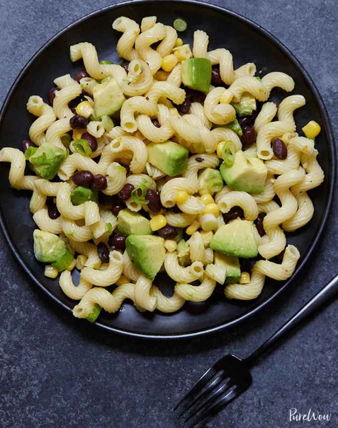 easy lunch ideas: plate of avocado-black bean pasta salad