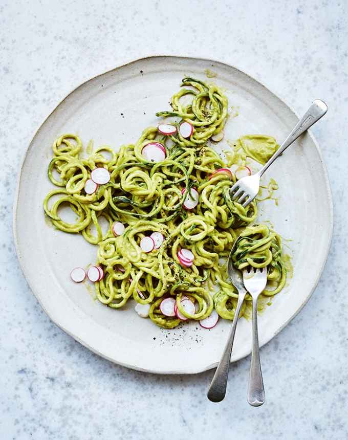 easy lunch ideas: zucchini noodles with radishes in a mango-avocado sauce on a plate