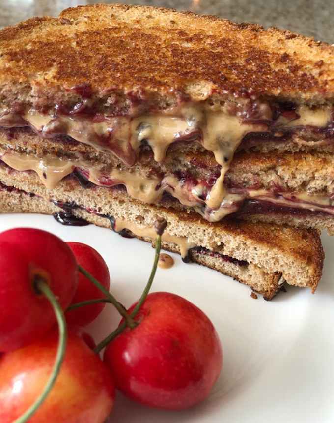 easy lunch ideas: stack of grilled peanut butter and jelly sandwiches