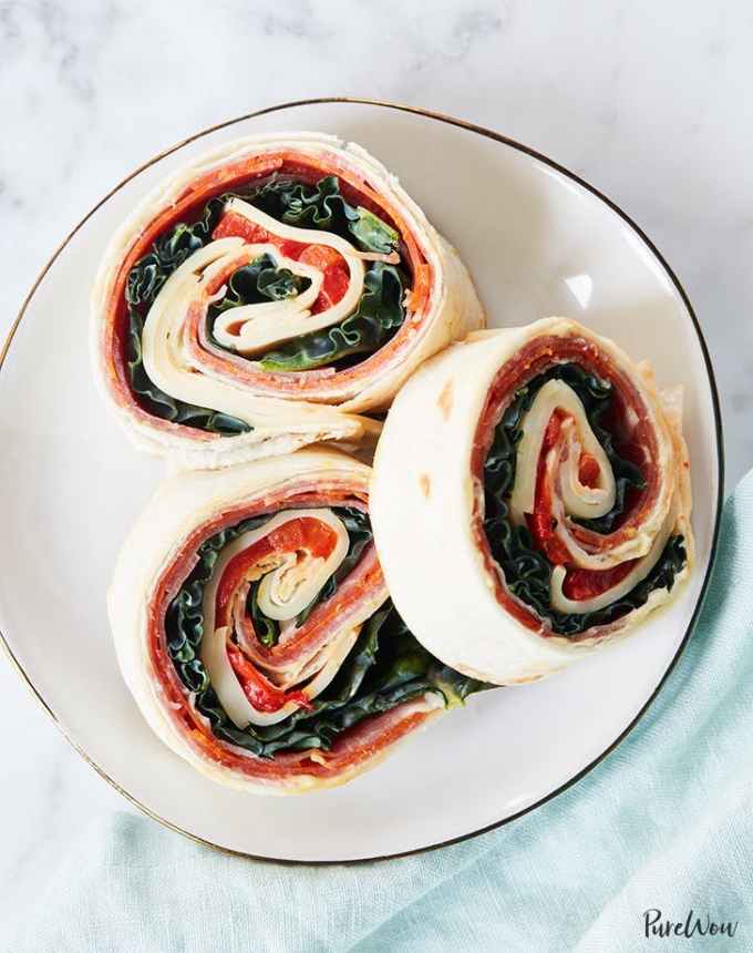 easy lunch ideas: three italian deli pinwheel sandwiches on a plate