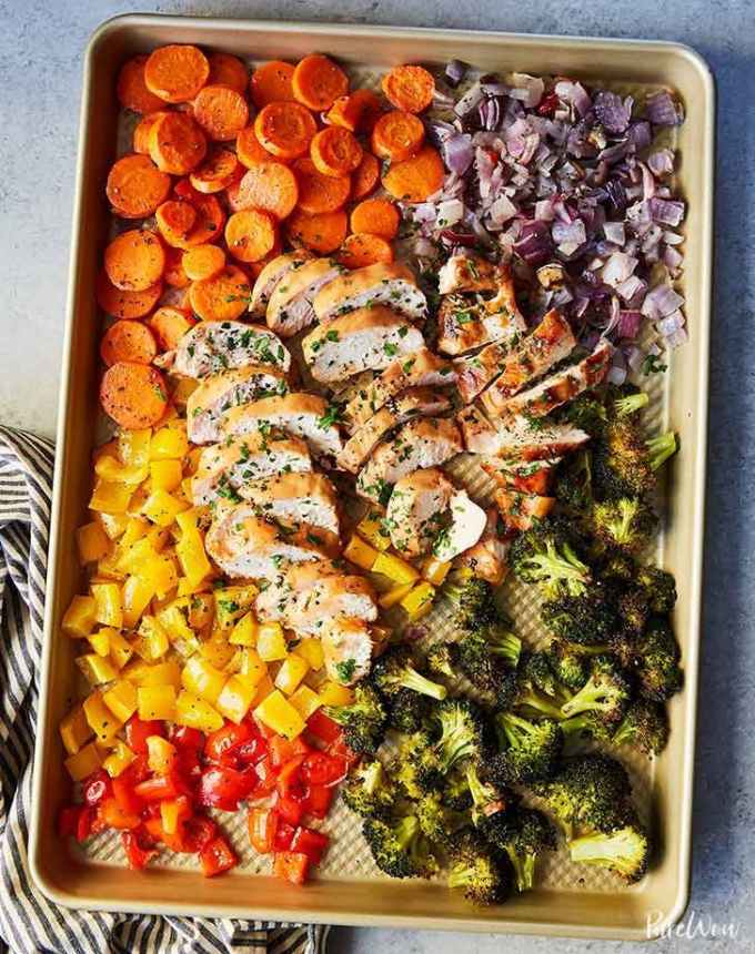 easy lunch ideas: sheet pan of assorted chopped vegetables and cut chicken breast