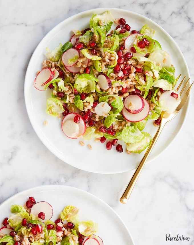 easy lunch ideas: two plates of make-ahead farro brussels sprout salads