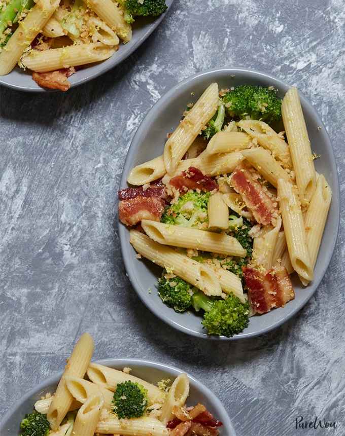 easy lunch ideas: three plates of roasted broccoli-bacon pasta salad