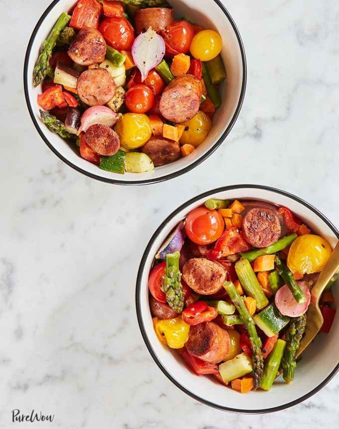 easy lunch ideas: two bowls of sheet pan lemon-garlic veggies and sausage