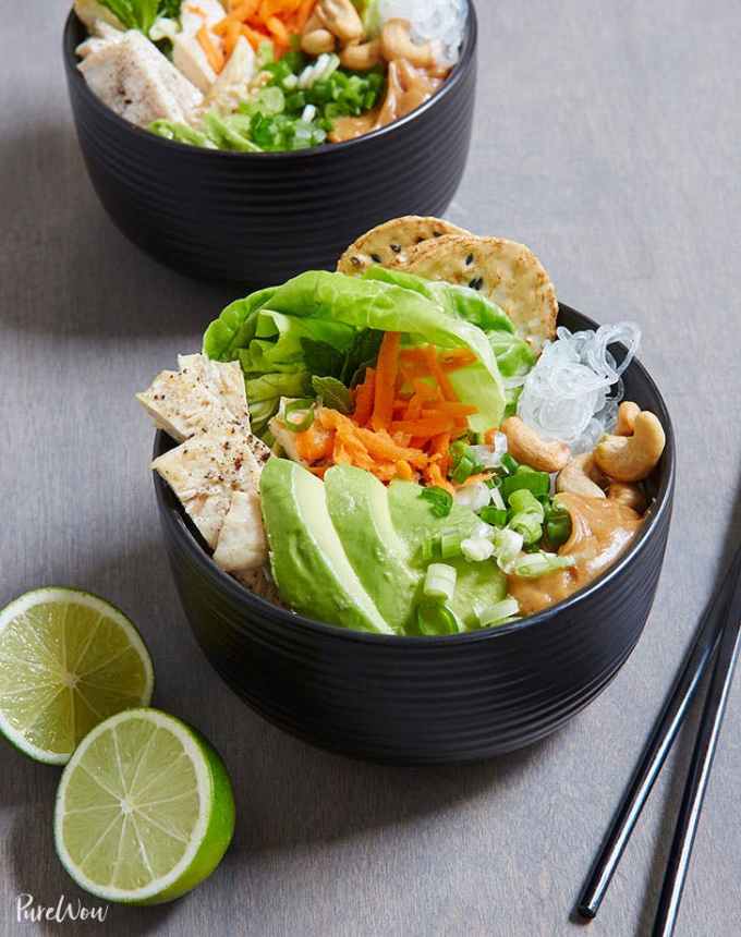 easy lunch ideas: two spring roll bowls with lime halves