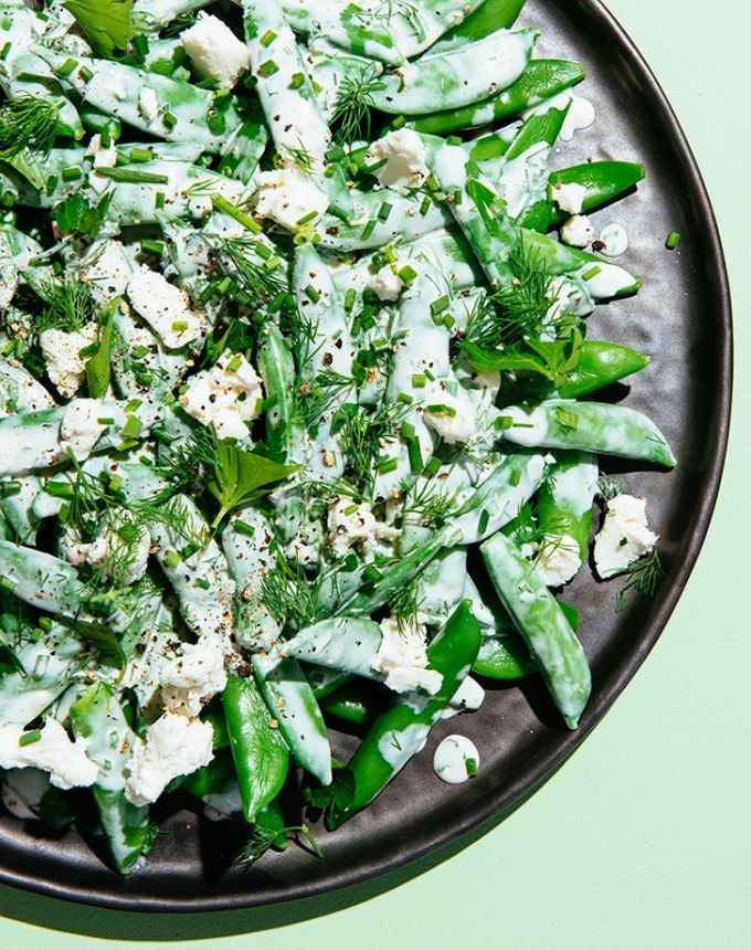 easy lunch ideas: snap pea salad with chevre ranch dressing on a plate