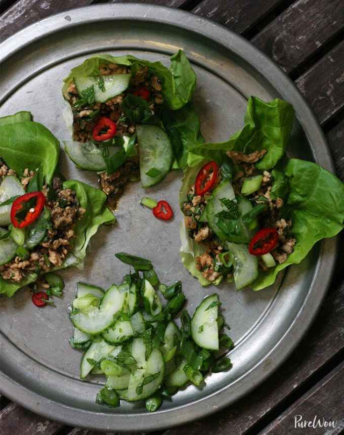 easy lunch ideas: four thai-style lettuce wraps on a silver tray