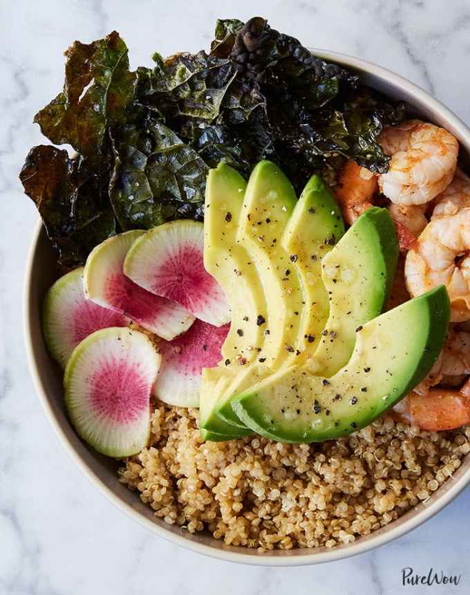 easy lunch ideas: ultimate quinoa avocado bowl with shrimp and kale